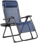 COSTWAY Folding Zero Gravity Chair, Oversized Patio Recliner Sun Lounger with Removable Pillow and Side Tray, Portable Outdoor Chaise Lounge for Garden Deck Poolside Beach (Navy Blue)