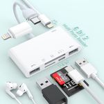 SD Card Reader for iPhone iPad, 8-in-1 Lightning to USB Adapter with SD/TF Card, Type C Audio Adapter/PD60W Lightning Charging, 2*USB OTG Memory Card Reader for iPhone16/15/14/13,Samsung Plug and Play