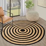 GRUHUM Round Jute Black Area Rugs 6ft Natural Fibre Rug with Rings Handwoven Boho Reversible Farmhouse Braided Rustic Vintage Rug Indoor Kitchen Bedroom Living Room Hallways Enterways 6 feet Circle