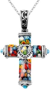 Shop LC Colorful Rainbow Cross Necklace for Women Christian Jewelry Black Oxidized Murano Style Millefiori Glass Flower Stainless Steel Chain Size 20" Catholic Faith Religious Birthday Gifts for