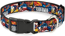 Buckle-Down Plastic Clip Dog Collar, Superman Action Blocks White/Multicolour, 18 to 32 Neck Size x 1.5 Inch Width