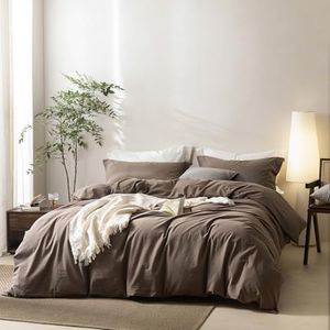 BDEAR Linen Feel Light Chocolate Brown Duvet Cover Super King Size 108'' W x 98'' L, 100% Washed Cotton Duvet Cover with Zipper Closure Plus 2 Pillowcases, Oeko TEX Standard Certificated