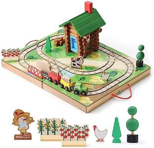 SainSmart Jr. Train Set for Toddlers, Portable Farm Log Cabin 78 PCS, Take-Along Tabletop Railroad with Building Block for Toddlers and Kids Ages 3+