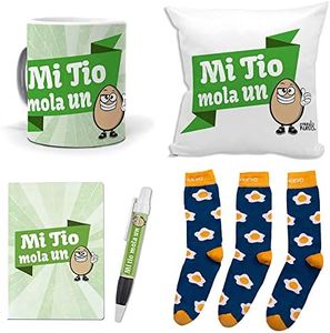 Mega Regalo Personalizado para Tios. Mi tio Mola un Huevo. Taza, cojin, libreta, boli y Trio de Calcetines