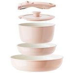 Redchef Pots and Pan Set Non Stick, Ceramic Cookware Set Removable Handles, Induction Batterie De Cuisine, Stackable Rv Cookware Cooking Set 5 Piece, Dishwasher Oven Safe, Pfas Pfoa & PTFE Free, Pink