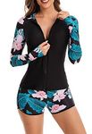 Ecupper Womens Two Piece Rash Guard Set Full Zip Long Sleeve Swim Shirt with Boyshort Surfing Bathing Suit with Built in Bra Black-3 XL