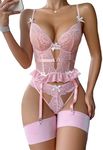 OYOANGLE Women's Floral Lace Mesh Lingerie Set Teddy Babydoll Bodysuit with Garter Belts Panty Pink X-Large