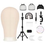 XHDA 23 Inch Canvas Wig Head Stand, Wig Head and Stand Set with T Pins Set, Professional Mannequin Head for Wig Making, Drying, Styling