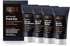 Scotch Porter Beard Trial Kit – Cleanse, Moisturize, Soothe & Style while Encouraging Growth for a Fuller/Healthier-Looking Beard – Includes Conditioner, Conditioning Balm, Shape + Hold Balm & Serum