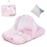 BAYBEE Baby Bedding Set for New Born Baby, Bed Mattress with Mosquito Net & Neck Pillow, Sleeping Nest Travel Bed for Baby, Infant Toddler Bed Set Gifts for Baby Boy Girl 0-6 Months (Pink)