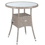 CASARIA® 60cm Round Poly Rattan Glass Top Garden Table | Outdoor Side Table With Frosted Safety Glass Plate | Weatherproof Dining Furniture Patio Balcony Bistro Coffee Cafe Beige