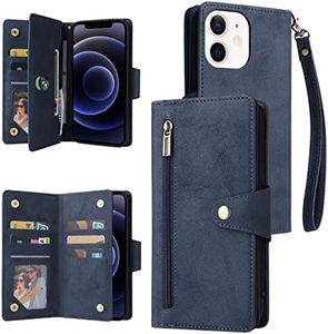 YocoverTech for iPhone 12 Case,for iPhone 12 Pro Wallet Case[6 Card Slots and 1 Zipper Coin Pocket] PU Leather Stand Flip Cover with Wrist Strap[6.1 inch]-Blue