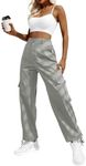 Lepunuo Women Cargo Pants High Waist Casual Pants Baggy Stretch Travel Y2K Streetwear Silver Gray