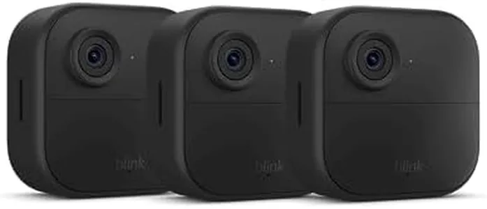 Blink Outdoor 4 (newest model), Wire-free smart security camera, two-year battery life, two-way audio, HD live view, enhanced motion detection, Works with Alexa – 3 camera system