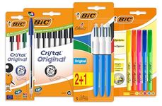 BIC Pens, 10 Cristal Original Black Pens, 5 Cristal Original Colouring Pens, 3 Original 4 Colours Pens, 5 Highlighter Grip Pens, School Supplies, 23 Pack