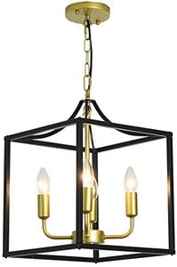 Qcyuui Industrial Metal Lantern Chandeliers 4-Light Adjustable Height Farmhouse Ceiling Chandelier, Rustic Gold Kitchen Island Hanging Lighting Fixture for Foyer Hallway Dining Room