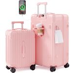 Luggage Sets 2 Piece Krute PC ABS Hardside Suitcase with 4 Universal Wheels TSA Lock USB Carry On Luggage with Cup Holder 20+28 Inch (Pink)