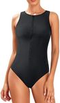 Tempt Me Women Black Athletic One Piece Swimsuit Zipper High Neck Bathing Suit Racerback Swimwear M