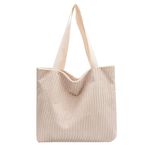 Kawn® Korean Tote Bag Aesthetic Corduroy Canvas Handbag for Women Zipper Casual Large Capacity Shoulder Bag with Pockets Versatile Everyday use for College Work Beach Travel & Shopping (Beige)