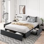 Allewie Queen Size Platform Bed Frame with 3 Storage Drawers, Upholstered Wing Side Panel Design, Wooden Slats Support, No Box Spring Needed, Noise Free, Easy Assembly, Dark Grey