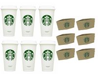 Starbucks Travel Coffee Cup Reusable Recyclable Spill-proof BPA Free Grande 16 Oz Pack of 6 with Sleeves Bundle