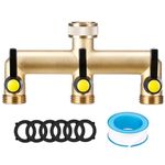 IPOW 3 Way 100% Brass Heavy Duty Garden Hose Splitter, 3/4" Spigot Faucet Connectors with 6 Rubber Hose Washers and Comfort Grip Use, Hose Pipe Tap Splitter for Garden Outdoor Home