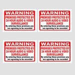 4 x WARNING Premises protected by 24 hour audio & video surveillance - Reverse Window Sticker - 100 mm Wide x 70 mm High - Printed side goes against the glass, so the image is visible from outside