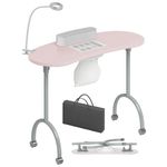 TABU Portable Manicure Nail Table, Foldable Manicure Table with Dust Collector Fan, LED Lamp, 4 Lockable Wheels and Carry Bag, Professional Nail Desk with Wrist Cushion (Pink)