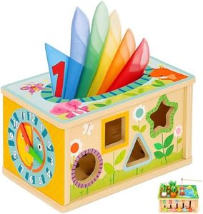 6-in-1 Montessori Baby Tissue Box Toy, Wooden Activity Cube for 6+ Months, Color & Shape Sorter Puzzles Sensory Toys for 12-18 Months. Baby Early Education Fine Motor Skills Gift for Toddlers 1-3