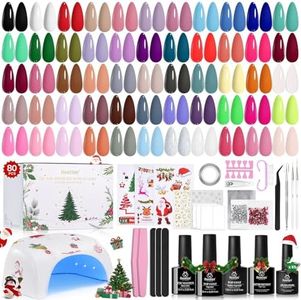 Beetles 80 Pcs Christmas Gel Nail Polish Kit with U V Light - 55 Color Gel Nail Kit Gifts for Teens Women Girls Soak Off Color Enchantment Winter Red Nails Art Home DIY Salon Beginners Manicure Set