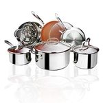 Gotham Steel 10 Piece Cookware Set Premium Copper Nonstick Pots and Pans– Tri-Ply Bonded, Coated with Titanium and Ceramic Surface for The Ultimate Release – Dishwasher Safe, Stainless Steel (2093)