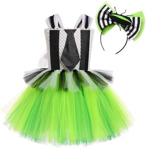 Kids Girl Halloween Cosplay Costume Sleeveless Ruffle Tulle Tutu Black and White Striped Bowtie Dress Fairy Fancy Dress up Festival Suit Pageant Party Funny Clothes Set With Headband Green 2-3T