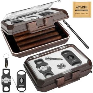 KEJIAR Cigar Humidor Set Travel Humidor for Cigars Includes 2 Multifunctional Cigar Cutters, Cigar Puncher, Humidity Pack, Hygrometer, Crushproof Airtight Cigar Case Cigar Box Gifts for Men (Dark)