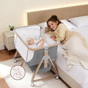 Jestonten Baby Bassinet Bedside Sleeper - 3 in 1 Bassinets with Waterproof Sheets, Soft Mattress and Breathable Mesh, Adjustable Height Bedside Bassinet for Baby with Wheels, Storage Basket, Gray