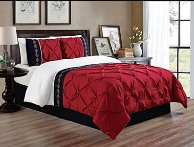 Grand Linen 3 Piece King Size Burgundy Red/Black/White Double-Needle Stitch Puckered Pinch Pleat All-Season Bedding-Down Alternative Embroidered Comforter Set