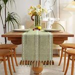 GSG Boho Linen Table Runner for Home Decor, 90" Long Farmhouse Rustic Macrame Burlap Table Runner, Handmade Table Runner with Tassels for Dining & Living Room Decoration, Green, 13x90 Inches