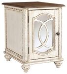 Signature Design by Ashley Realyn Farmhouse Chair Side End Table with Cabinet for Storage, Antique White & Brown