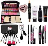 JustTya 6155 Makeup Kit and 7 Black Brushes, Contour Stick, Primer, Matte Fixer, Foundation, Kajal, 36H Eyeliner, 3in1 Eye Combo, Eyelashes, Curler - (Pack of 11), Multicolour