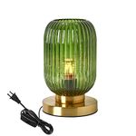 Auwieou Glass Table Lamps Mid Century Modern Globe Table lamp Gold Desk lamp nightstand lamp with Green Pumpkin Design Ribbed Glass Bedside Table Lamp for Bedroom Living Room Office