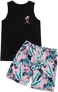 GORGLITTER Men's 2 Pieces Set Floral Print Elastic Waist Shorts Sleeveless Tank Top Outfit Tracksuit Black and Pink Large