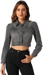 Allegra K Women's Cropped Jean Jacket Button Down Puff Sleeve Denim Jacket Black Gray Small