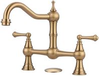 WOWOW Gold Bridge Kitchen Faucet 2 Hole Antique Brass Bridge Faucet 2 Handle 8 Inch Centerset Farmhouse Kitchen Sink Faucet 360° Swivel Vintage Tap