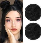 REECHO 2 PCS Mini Claw Clip in Messy & Cat Ears Hair Bun Extensions Wig Accessory Updo Hairpieces for Women Girls (Pack of 2-3.5" Wavy, Natural Black)