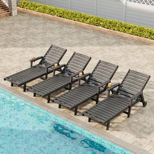 Garvee Lounge Chair Outdoor Set of 4 with Wheels & 5-Position Adjustable Backrest, Oversized Chaise Lounge with 2 Move Handle, HDPE Lounge Chair w/Detachable Cup Holder, for Patio, Pool,Dark Gray