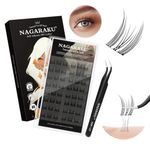 NAGARAKU Self Adhesive DIY Eyelash Cluster with Lash Tweezer 48 Pcs No Glue Remover Needed One-Step Press On Pre-Glued Self Stick No Damage Reusable Lash Natural Cat Elf(SAT-08,0.07mm C Curl 11-13mm）