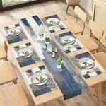 ArtSocket Farmhouse Table Runner and Placemats Set of 6, Abstract Blue and Grey Painting Art Dining Table Decor for Daily Use(1 Table Runner 72 inches Long and 6 Placemats)