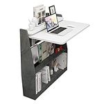 Pmnianhua Wall Mounted Drop-leaf Table Shelf, Wooden Laptop Desk, Multifunctional, Foldable Hanging Computer Workstation with Storage Compartments in Home Office for Space Saving (grey-white)