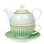 fanquare Teapot Cup and Saucer Set, British Afternoon Tea Set for One with Gold Trim, Porcelain Teapot for Adults Gift, Green Stripes