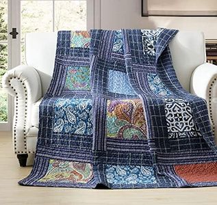VIVILINEN Twin Size Patchwork Quilt Original Cotton Quilted Throw Blankets for Couch Sofa Reversible Vintage Floral Paisley Navy Bedspread Coverlet Lightweight Bed Throws for Bed Home Bedroom Decor