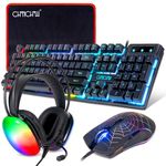 Gaming Keyboard Mouse Mousepad and Headset with mic Combo All in One USB Wired RGB Backlit Rainbow Side Button Gamer Bundle Set Compatible with PC Windows Xbox one PS4 PS5(Black)